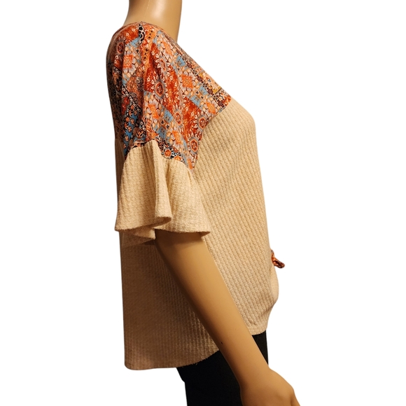 Moa Moa Ruffle Short Sleeve Knit Knotted Blouse - Picture 3 of 11